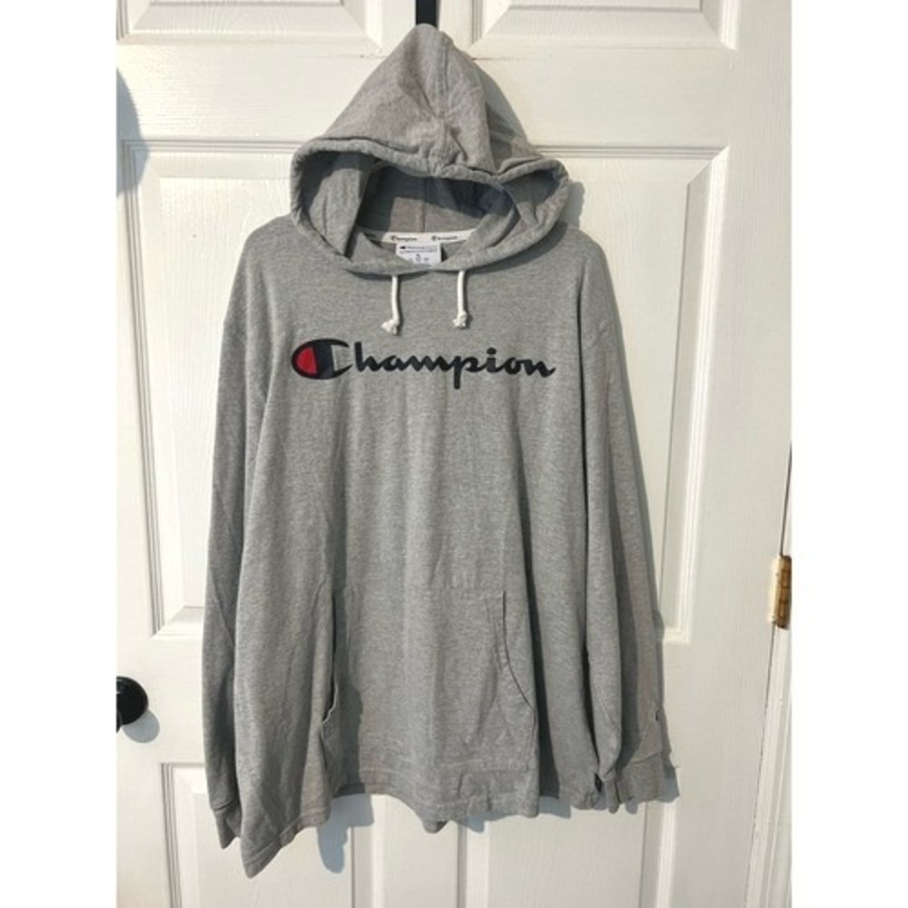 Champion Men's XL Gray Script Logo Hoodie Pullover Cotton Blend Sweatshirt Y2K